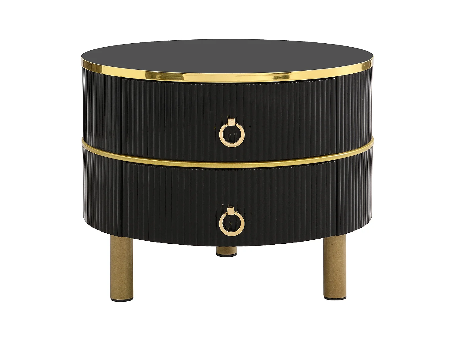 Tavolino rotondo 2 in 1, MDF, piano in marmo bianco e vetro temperato marrone, con 2 cassetti, nero (70x70x46 + 50x50x40 cm)