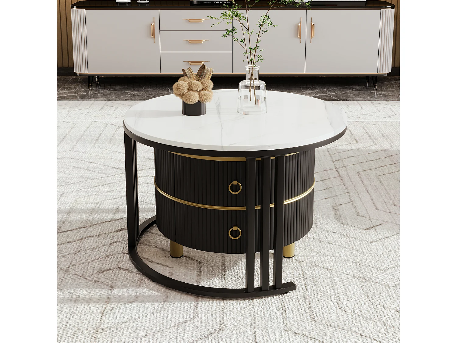 Ronde salontafel 2-in-1, MDF, wit marmeren blad en bruin gehard glas, met 2 lades, zwart (70x70x46 + 50x50x40 cm)