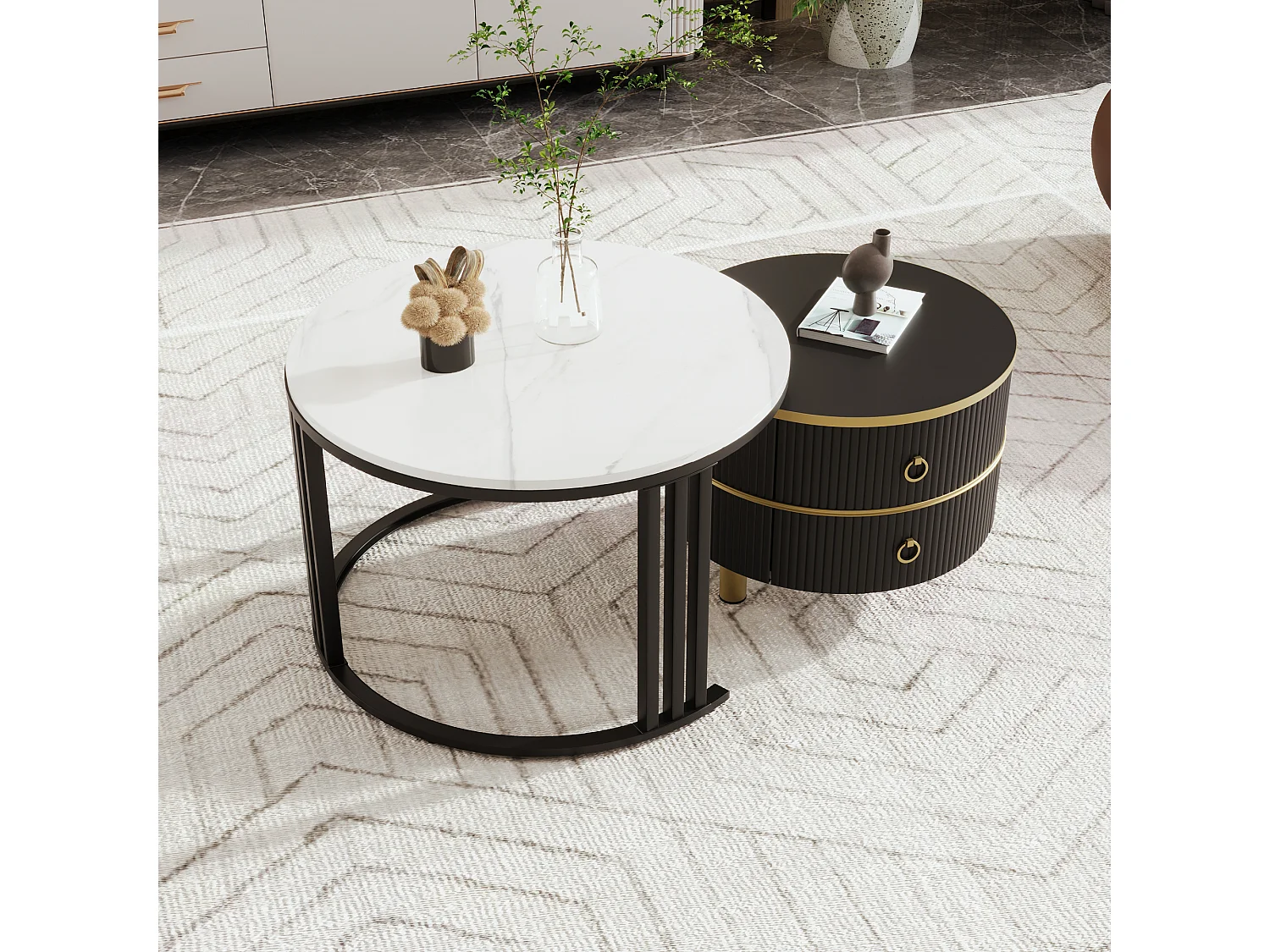 Ronde salontafel 2-in-1, MDF, wit marmeren blad en bruin gehard glas, met 2 lades, zwart (70x70x46 + 50x50x40 cm)