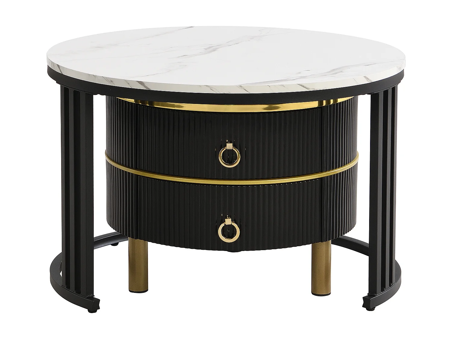 Ronde salontafel 2-in-1, MDF, wit marmeren blad en bruin gehard glas, met 2 lades, zwart (70x70x46 + 50x50x40 cm)