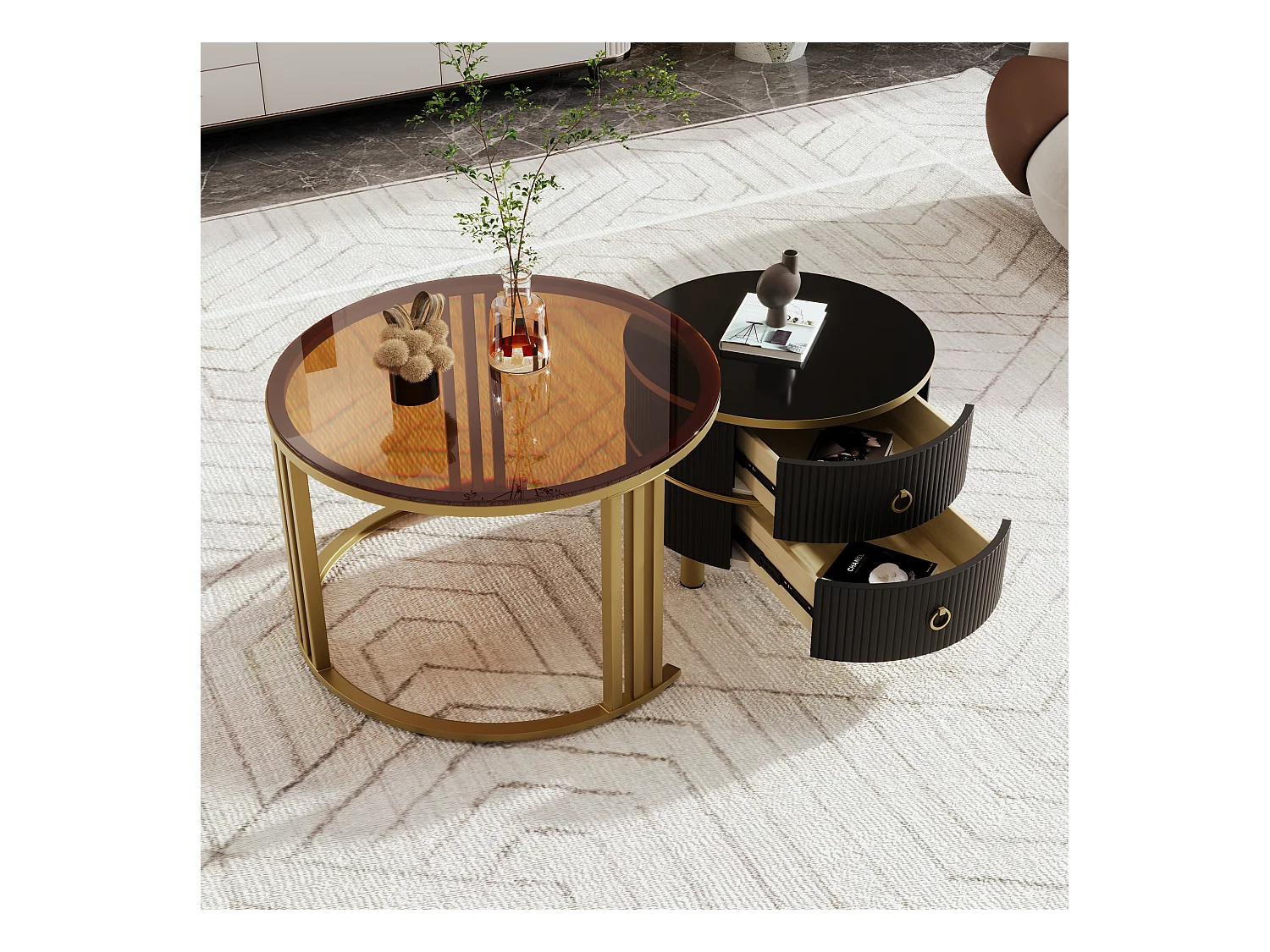 Table basse 2-en-1 ronde, MDF, Plateau en verre trempé et marbre blanc, avec 2 tiroirs, Noir et Or (70x70x46 + 50x50x40 cm)