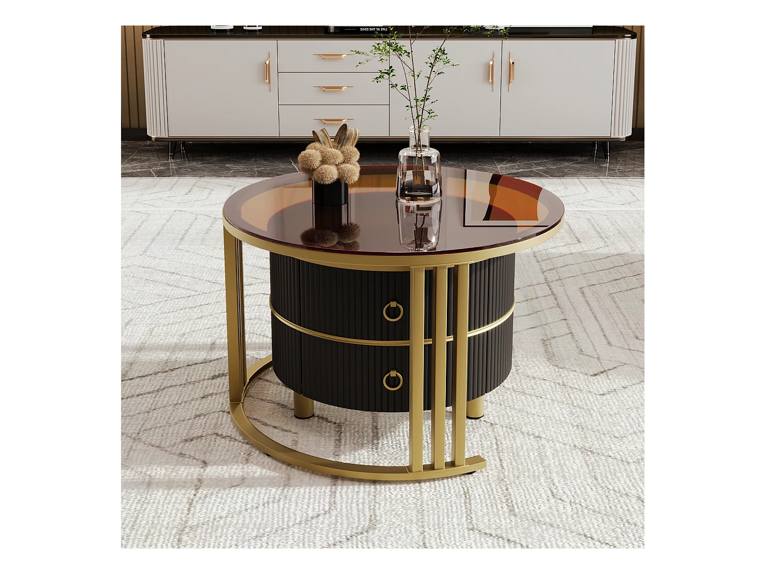 Table basse 2-en-1 ronde, MDF, Plateau en verre trempé et marbre blanc, avec 2 tiroirs, Noir et Or (70x70x46 + 50x50x40 cm)