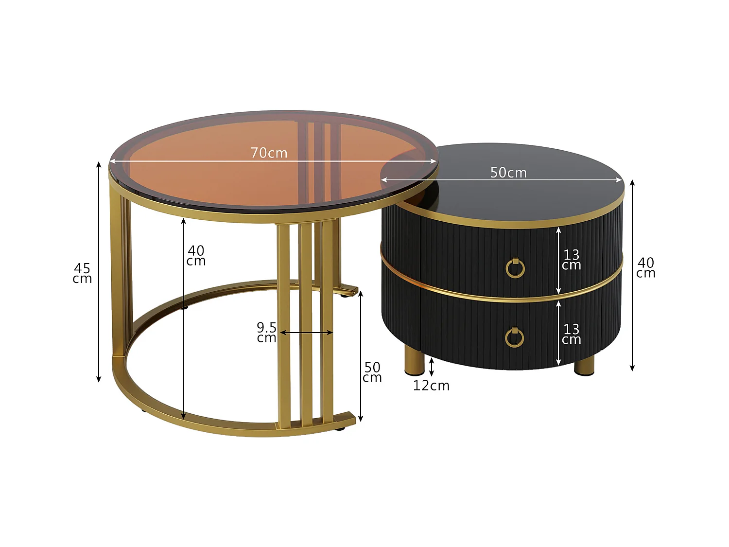 Table basse 2-en-1 ronde, MDF, Plateau en verre trempé et marbre blanc, avec 2 tiroirs, Noir et Or (70x70x46 + 50x50x40 cm)