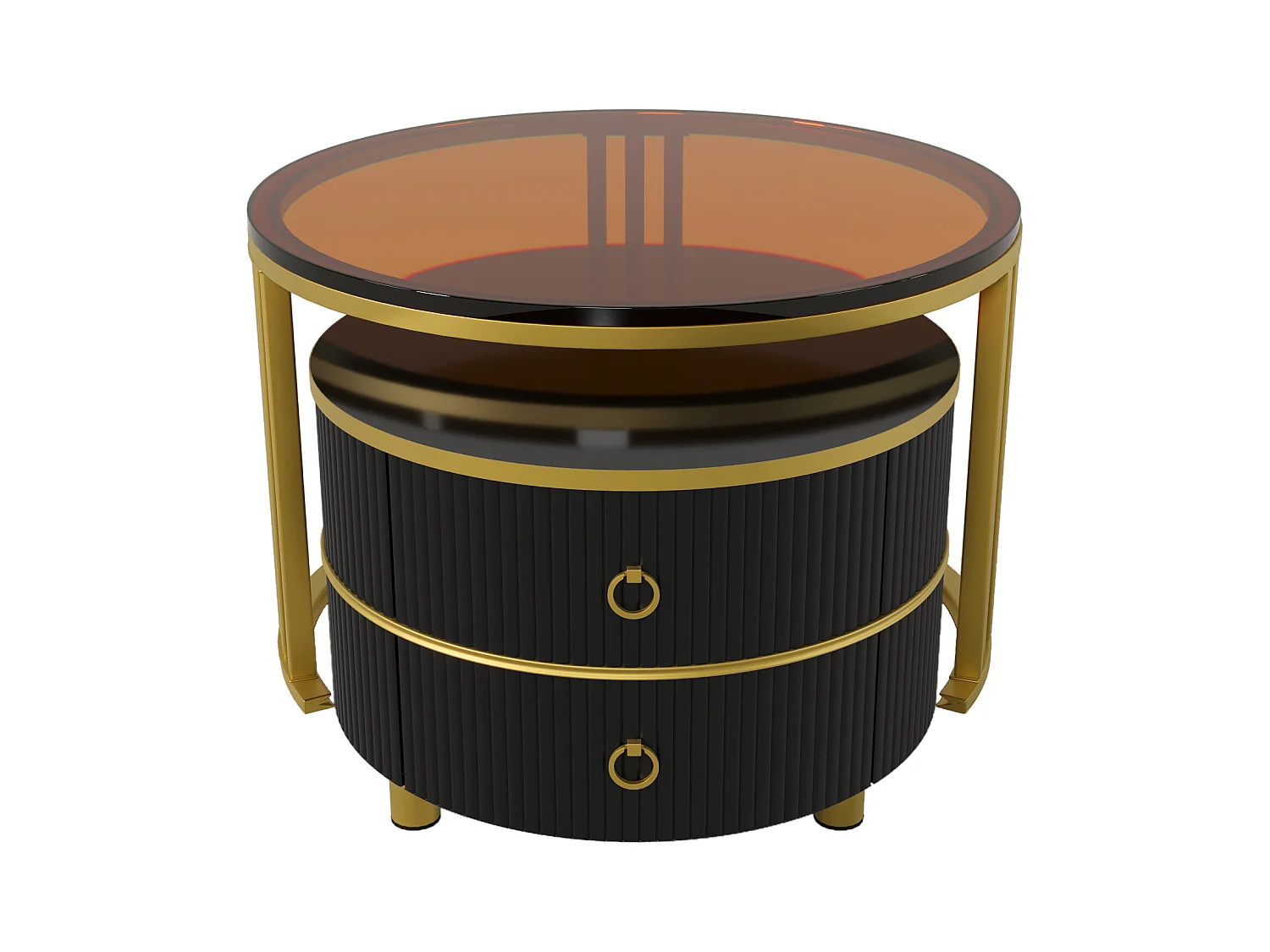 Table basse 2-en-1 ronde, MDF, Plateau en verre trempé et marbre blanc, avec 2 tiroirs, Noir et Or (70x70x46 + 50x50x40 cm)