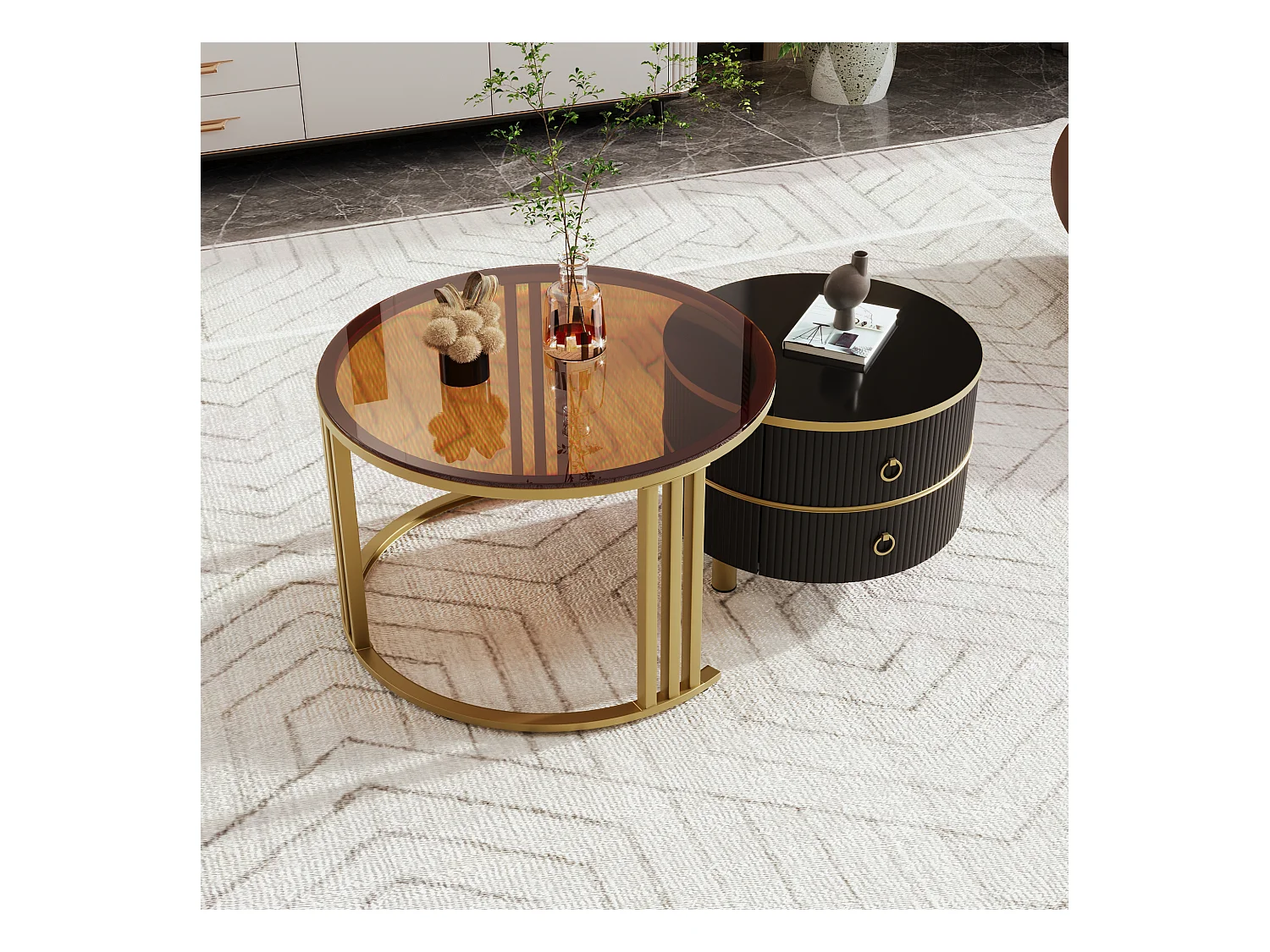 Ronde salontafel 2-in-1, MDF, gehard glas en wit marmeren blad, met 2 lades, zwart en goud (70x70x46 + 50x50x40 cm)