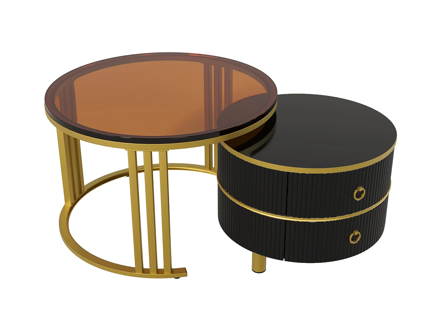 Ronde salontafel 2-in-1, MDF, gehard glas en wit marmeren blad, met 2 lades, zwart en goud (70x70x46 + 50x50x40 cm)