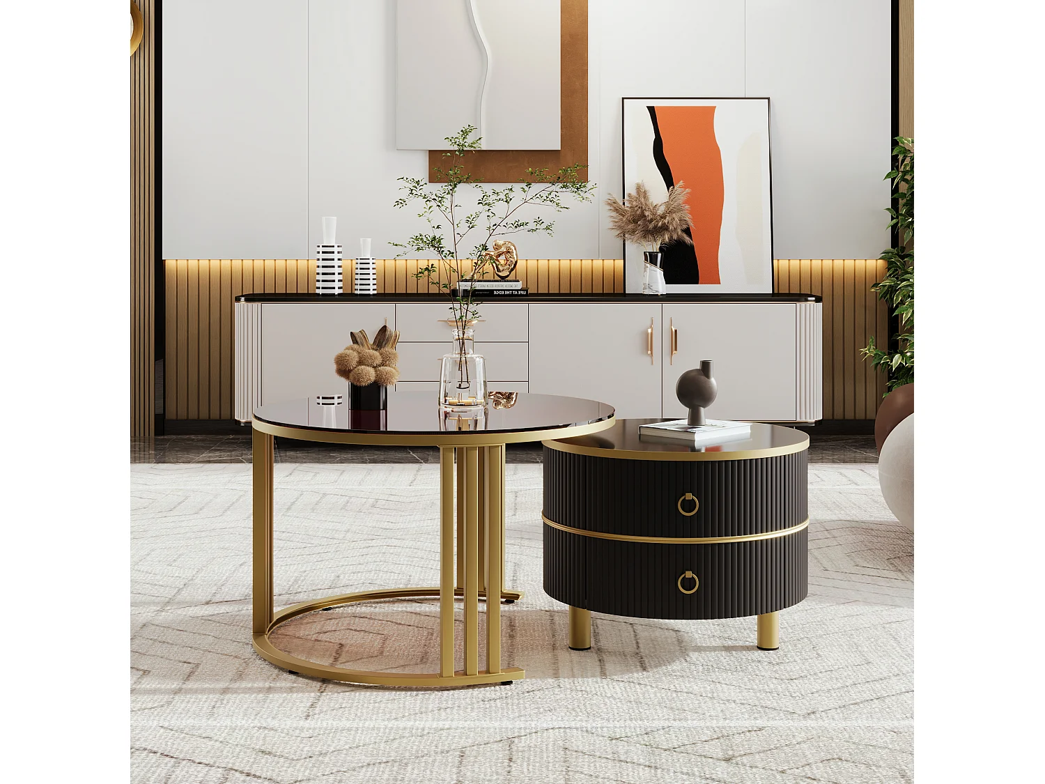 Table basse 2-en-1 ronde, MDF, Plateau en verre trempé et marbre blanc, avec 2 tiroirs, Noir et Or (70x70x46 + 50x50x40 cm)