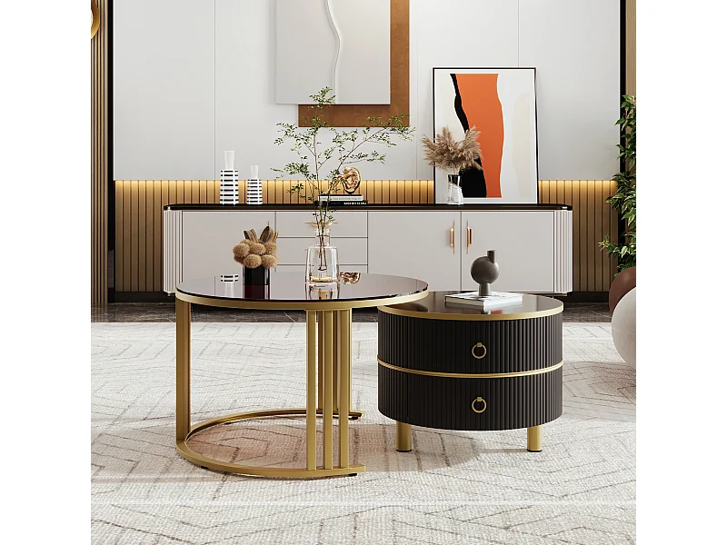 Table basse 2-en-1 ronde, MDF, Plateau en verre trempé et marbre blanc, avec 2 tiroirs, Noir et Or (70x70x46 + 50x50x40 cm)