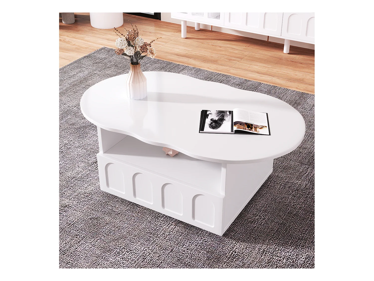 Table basse nuage, design original avec tiroir et étagère, panneau de particules, blanc (100x60x40.5 cm)