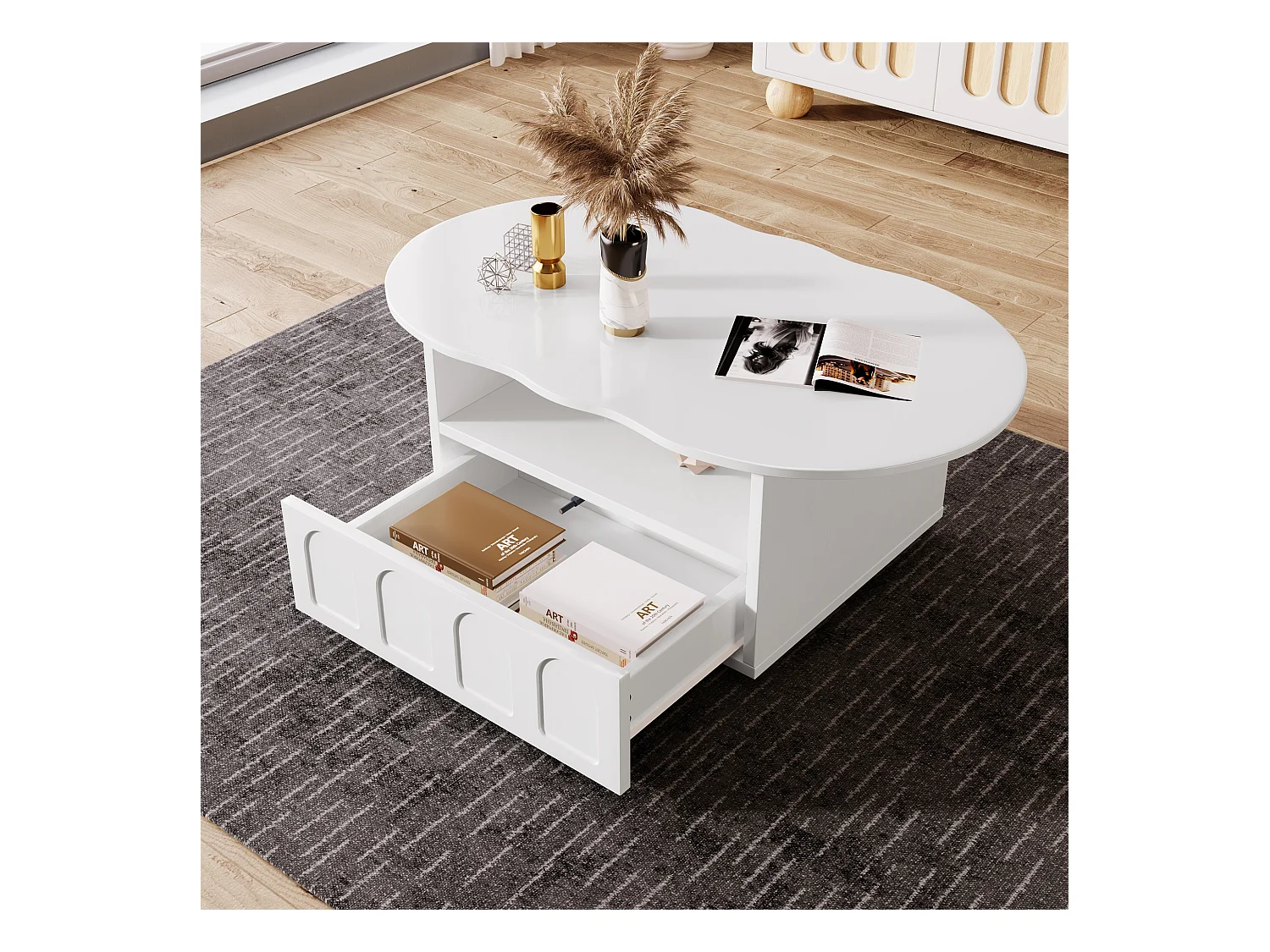 Table basse nuage, design original avec tiroir et étagère, panneau de particules, blanc (100x60x40.5 cm)