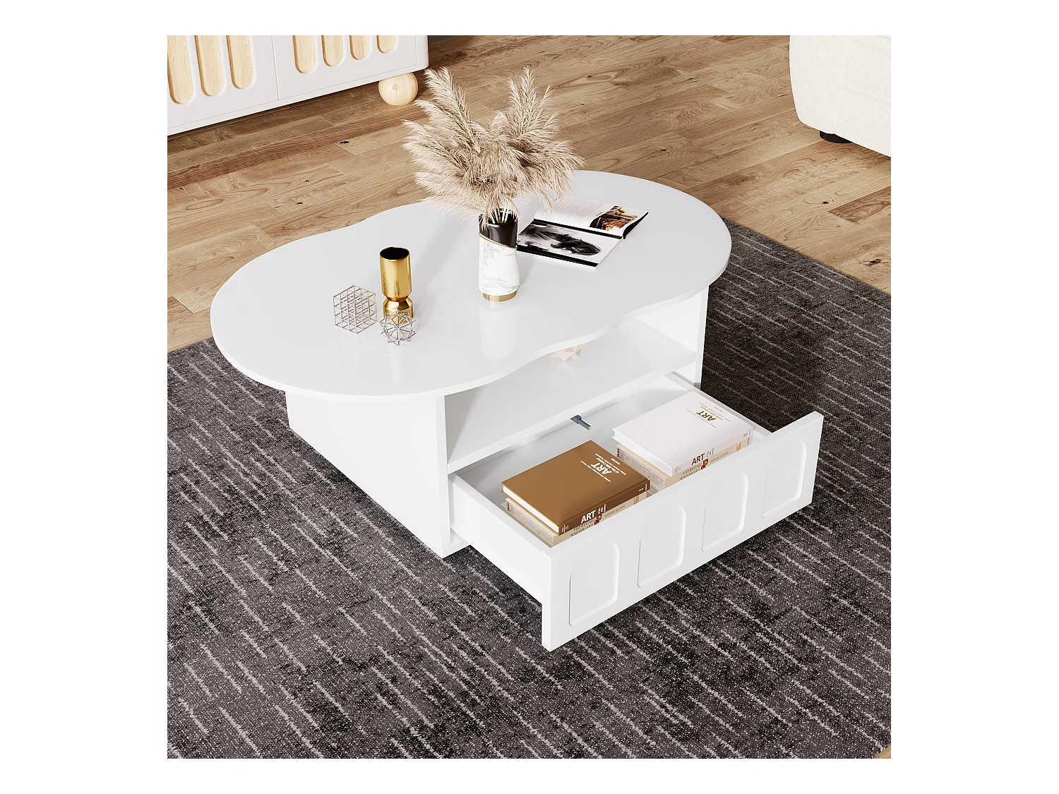 Table basse nuage, design original avec tiroir et étagère, panneau de particules, blanc (100x60x40.5 cm)