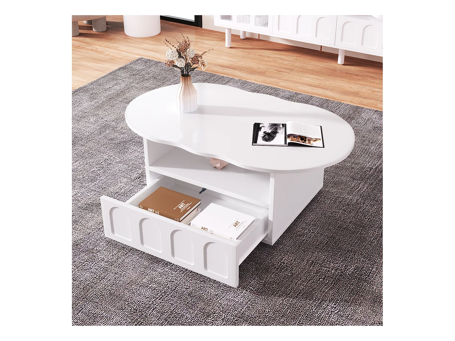 Table basse nuage, design original avec tiroir et étagère, panneau de particules, blanc (100x60x40.5 cm)