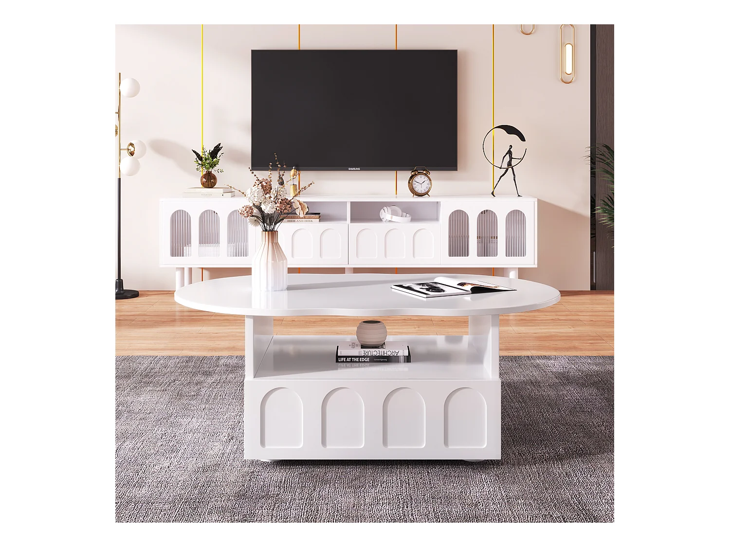 Table basse nuage, design original avec tiroir et étagère, panneau de particules, blanc (100x60x40.5 cm)