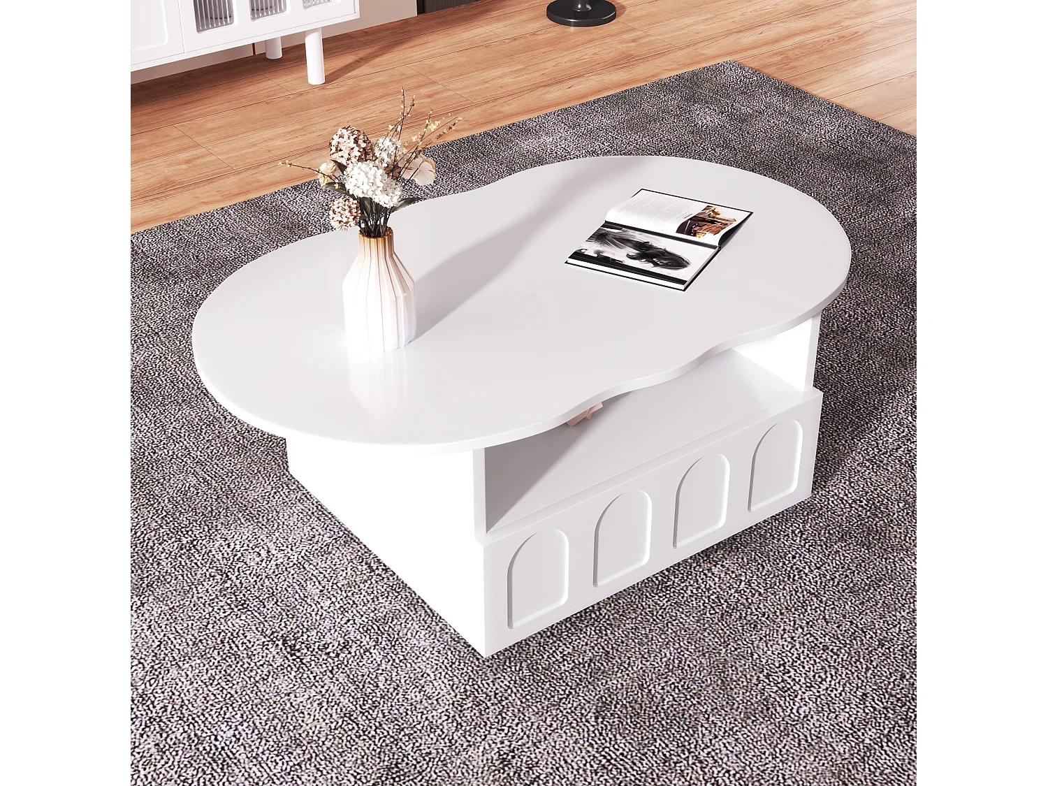 Table basse nuage, design original avec tiroir et étagère, panneau de particules, blanc (100x60x40.5 cm)