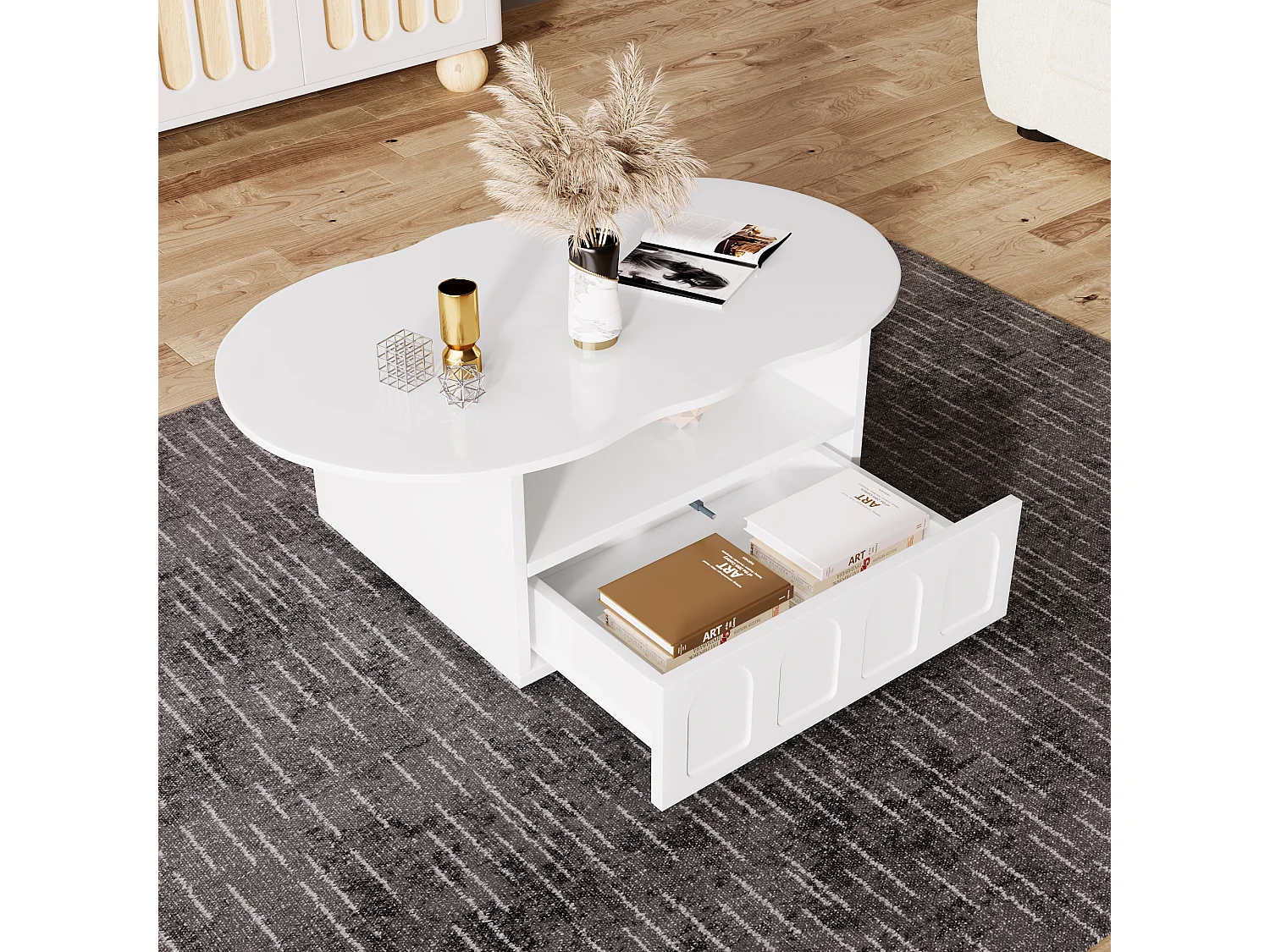 Table basse nuage, design original avec tiroir et étagère, panneau de particules, blanc (100x60x40.5 cm)