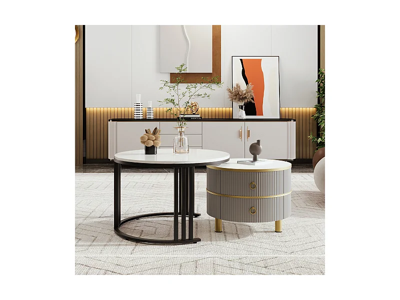 Table basse 2 en 1 ronde, MDF, avec plateau en verre transparent et marbré, 2 tiroirs, noir et gris (70x70x45 + 50x50x40 cm)