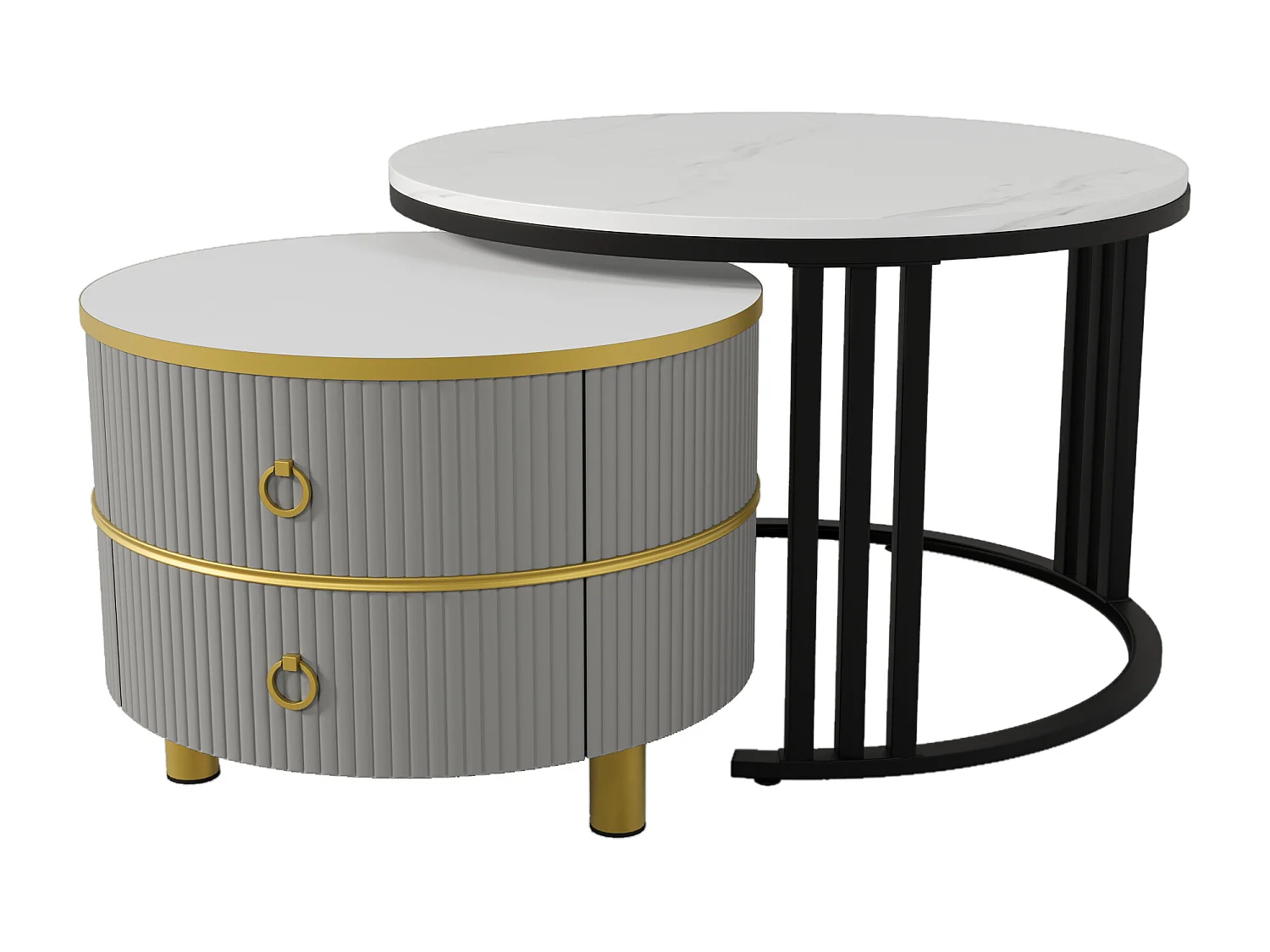 Ronde salontafel 2 in 1, MDF, met transparant en gemarmerd glazen blad, 2 lades, zwart en grijs (70x70x45 + 50x50x40 cm)