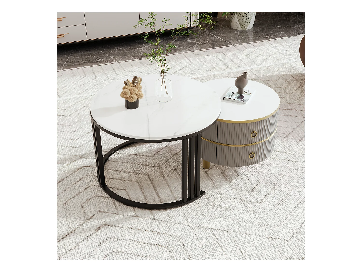 Table basse 2 en 1 ronde, MDF, avec plateau en verre transparent et marbré, 2 tiroirs, noir et gris (70x70x45 + 50x50x40 cm)