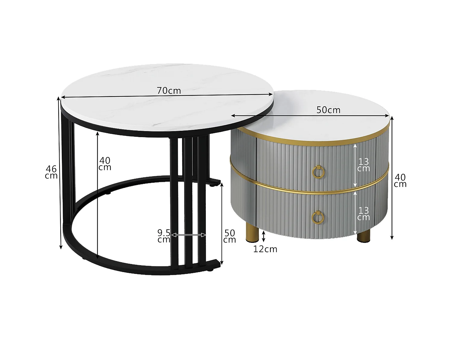 Table basse 2 en 1 ronde, MDF, avec plateau en verre transparent et marbré, 2 tiroirs, noir et gris (70x70x45 + 50x50x40 cm)