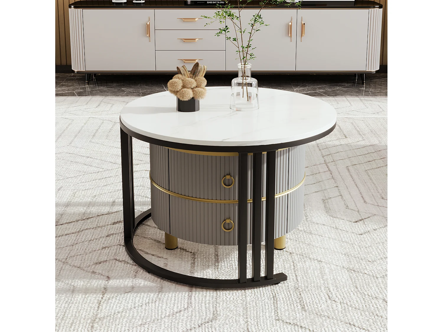 Table basse 2 en 1 ronde, MDF, avec plateau en verre transparent et marbré, 2 tiroirs, noir et gris (70x70x45 + 50x50x40 cm)