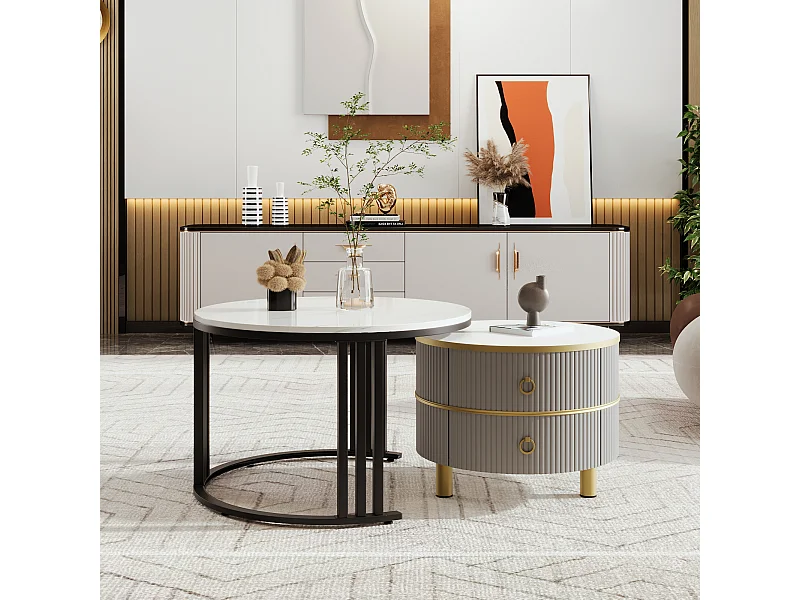 Table basse 2 en 1 ronde, MDF, avec plateau en verre transparent et marbré, 2 tiroirs, noir et gris (70x70x45 + 50x50x40 cm)