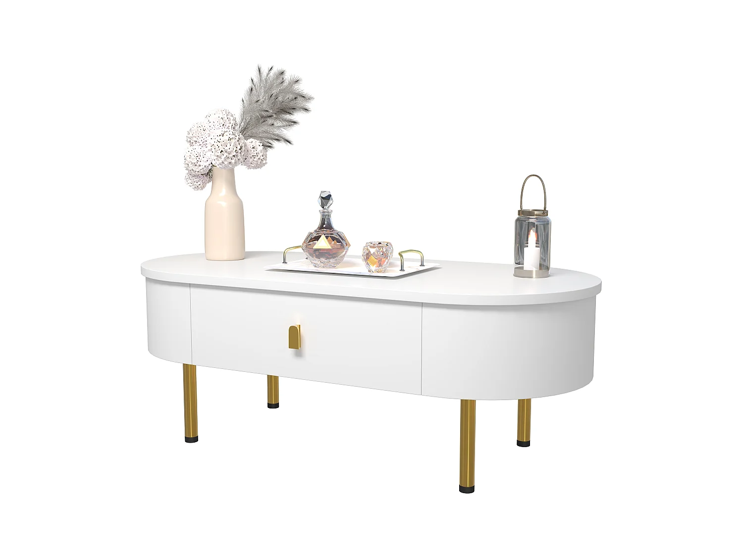 Table basse avec deux tiroirs, pieds et poignées dorés, coins arrondis, MDF, blanc (108x50x40 cm)