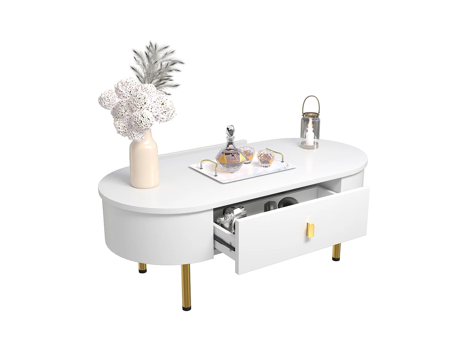 Table basse avec deux tiroirs, pieds et poignées dorés, coins arrondis, MDF, blanc (108x50x40 cm)