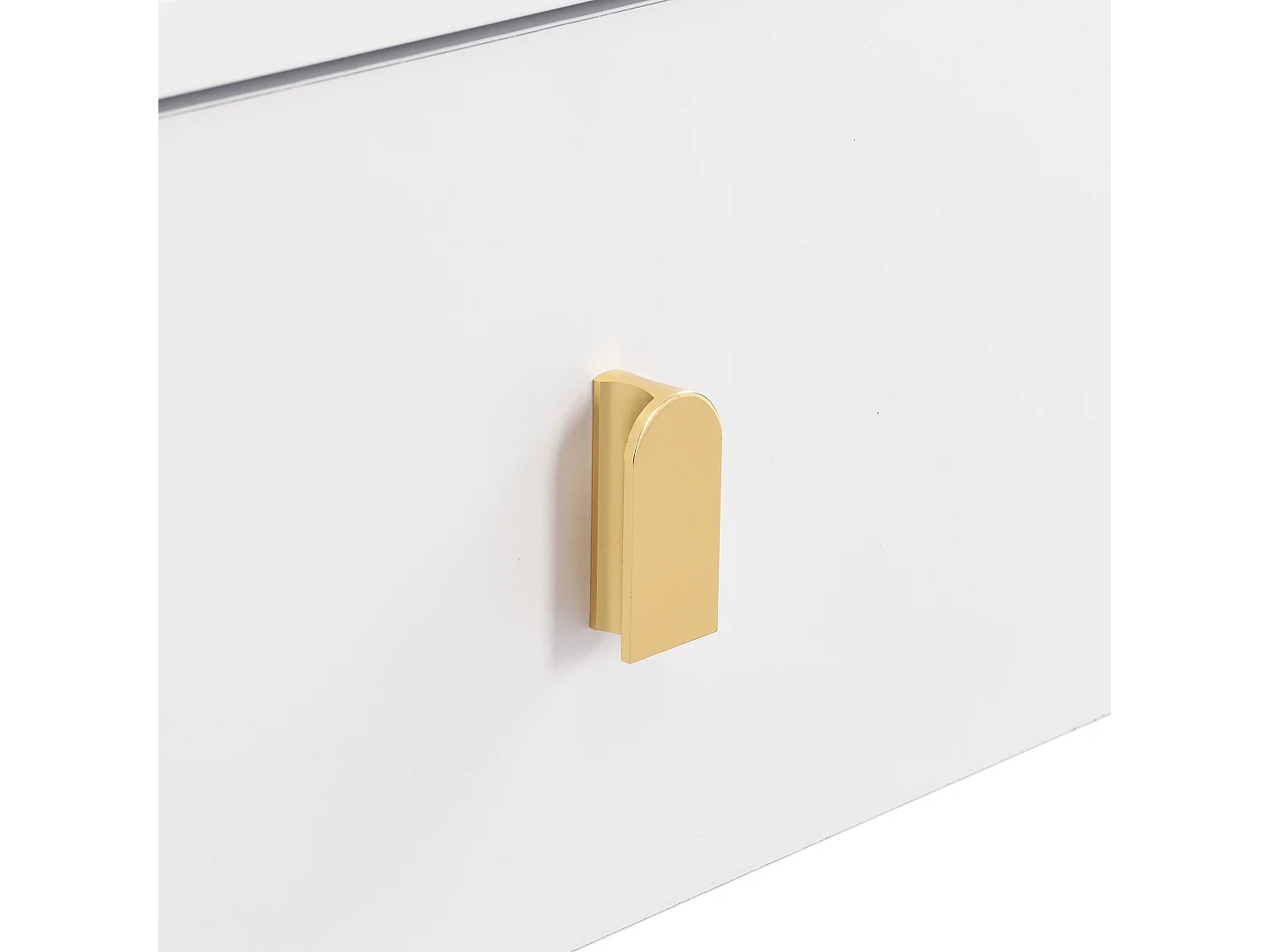 Table basse avec deux tiroirs, pieds et poignées dorés, coins arrondis, MDF, blanc (108x50x40 cm)