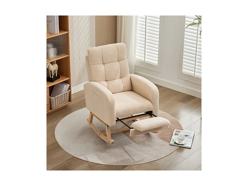 Fluwelen schommelstoel Pluche stof, massief houten frame, beige kleur met geïntegreerde voetenbank (132x50x99cm)