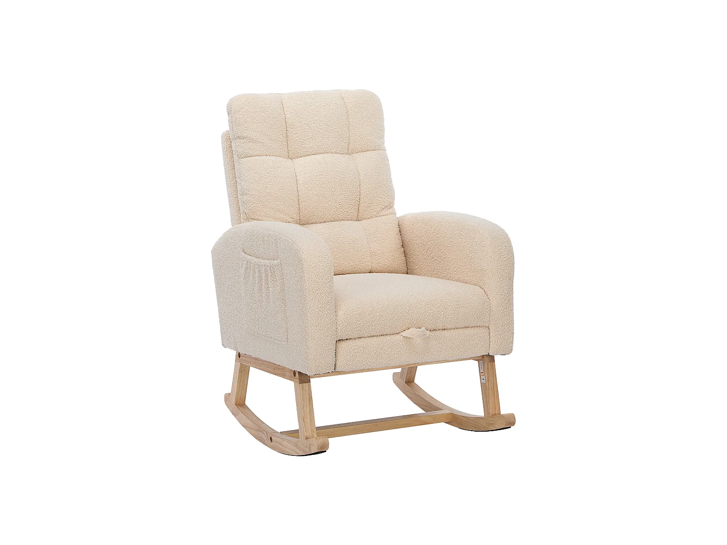 Fauteuil à bascule en velours Tissu peluche, structure en bois massif, couleur beige avec repose-pieds intégré (132x50x99cm)