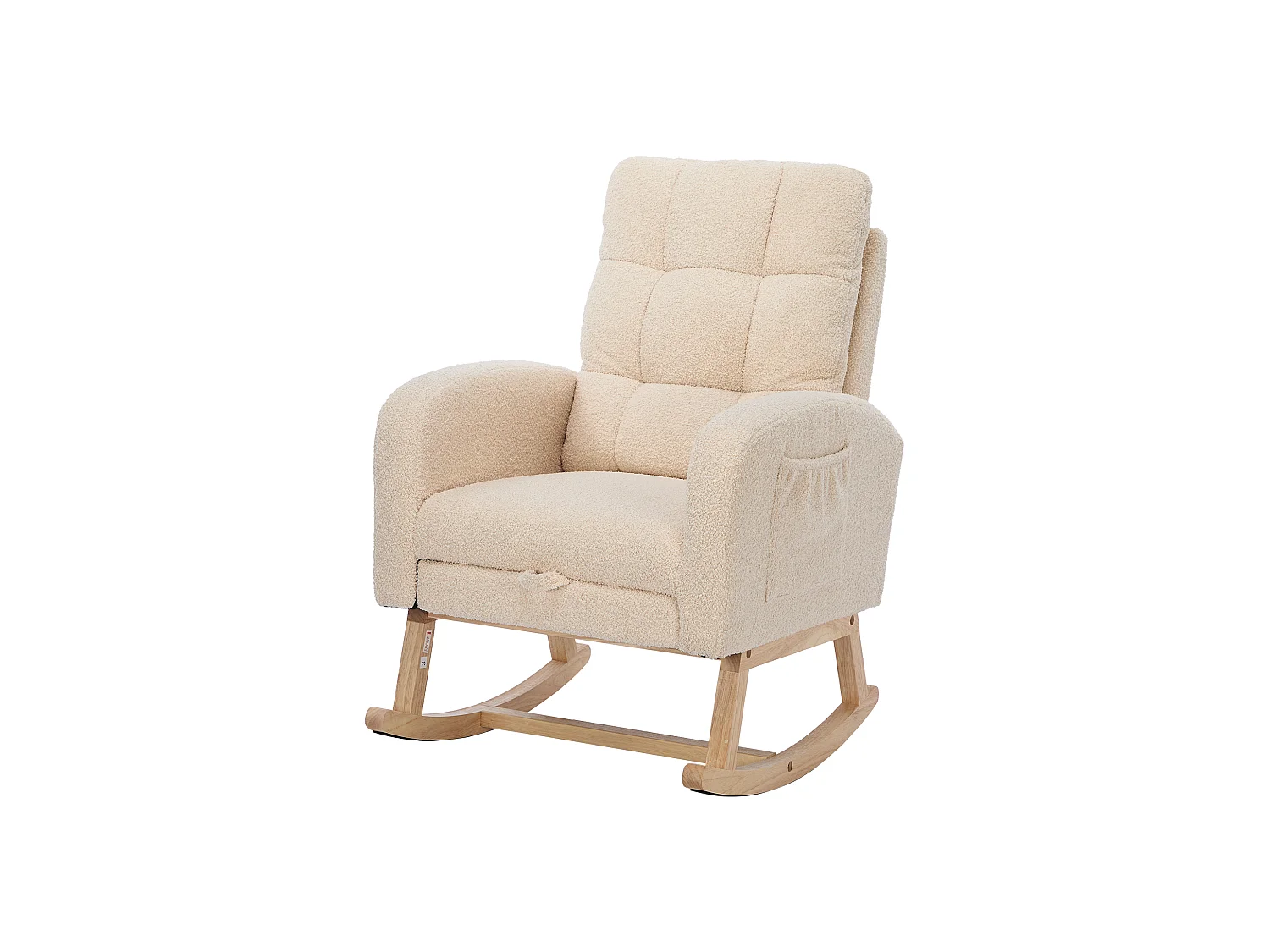 Fauteuil à bascule en velours Tissu peluche, structure en bois massif, couleur beige avec repose-pieds intégré (132x50x99cm)