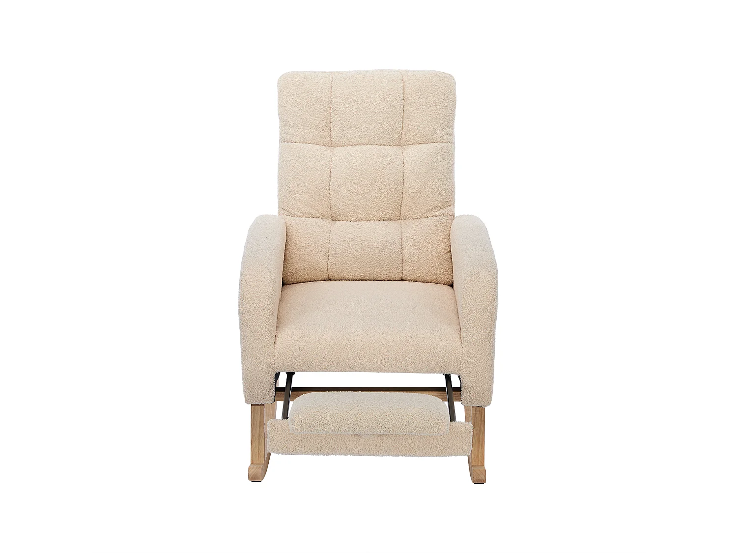 Fauteuil à bascule en velours Tissu peluche, structure en bois massif, couleur beige avec repose-pieds intégré (132x50x99cm)