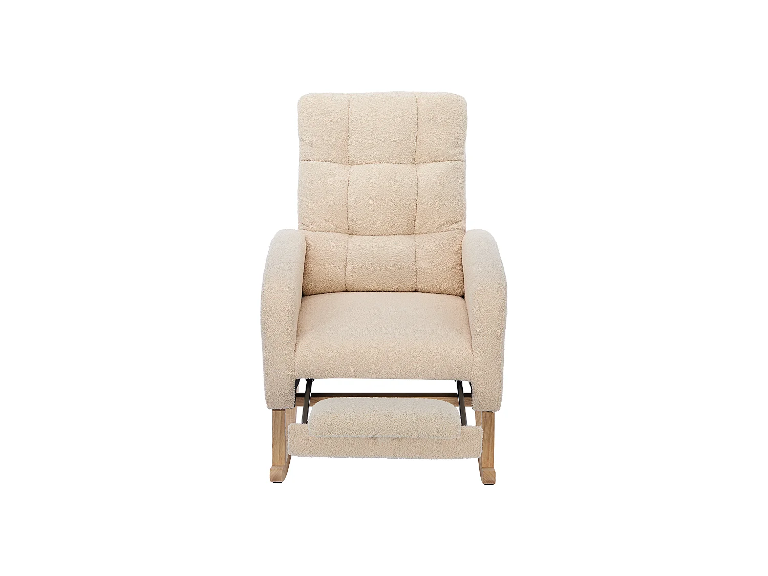 Fauteuil à bascule en velours Tissu peluche, structure en bois massif, couleur beige avec repose-pieds intégré (132x50x99cm)