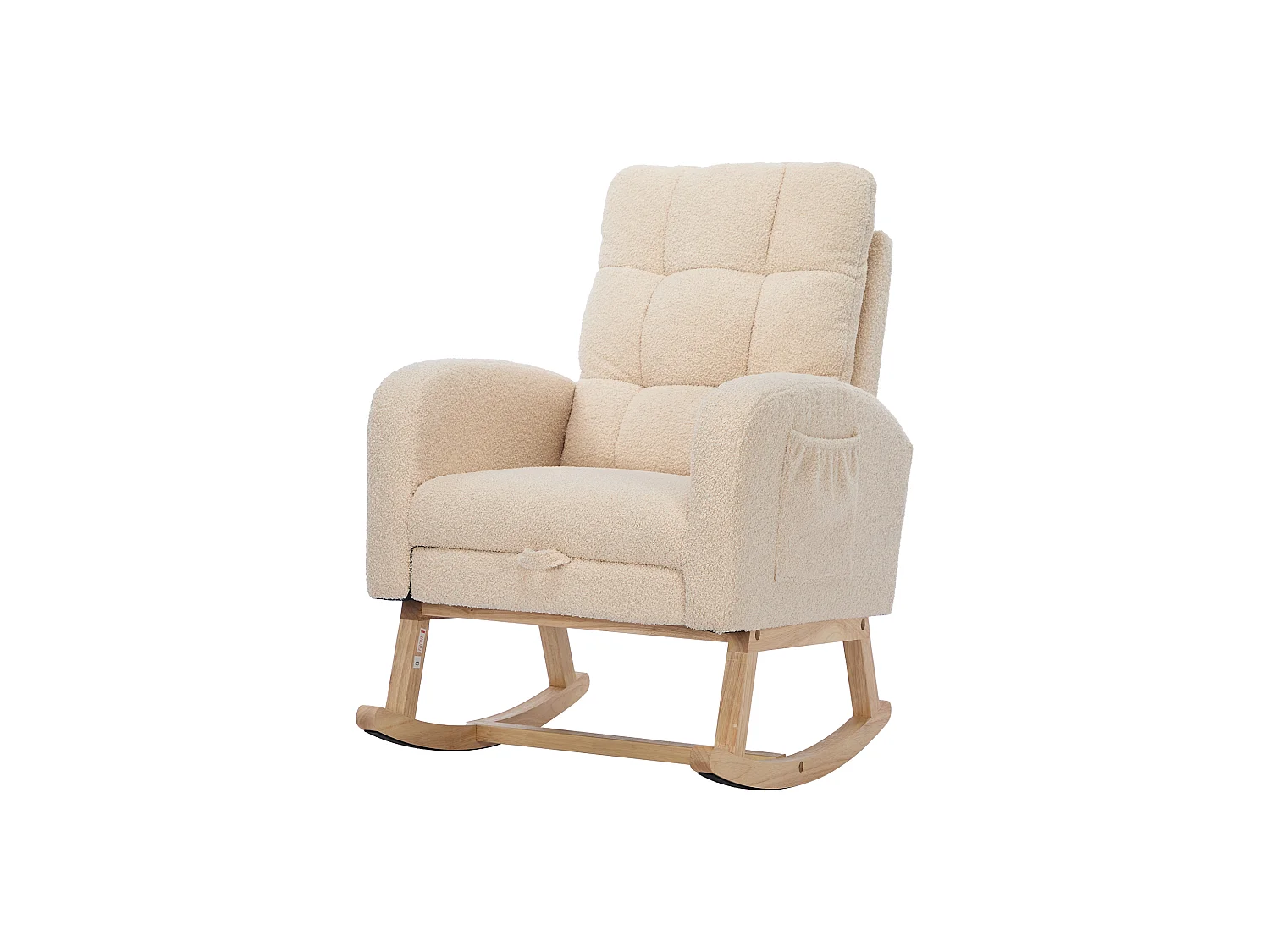Fauteuil à bascule en velours Tissu peluche, structure en bois massif, couleur beige avec repose-pieds intégré (132x50x99cm)