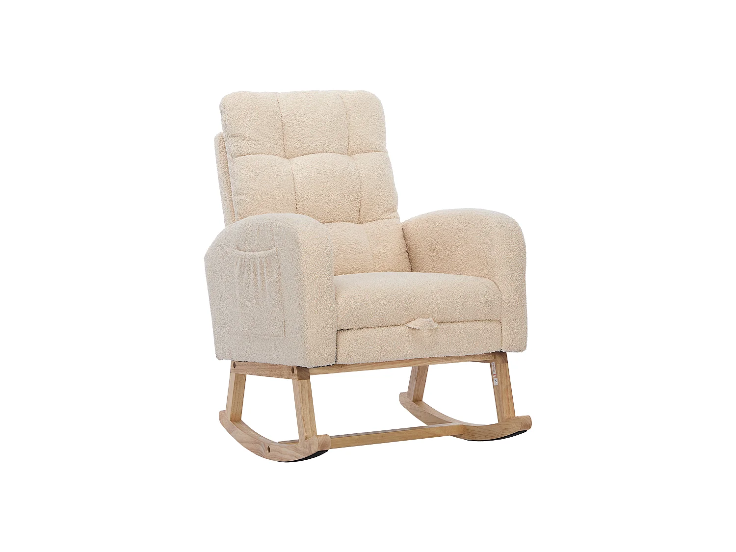 Fauteuil à bascule en velours Tissu peluche, structure en bois massif, couleur beige avec repose-pieds intégré (132x50x99cm)