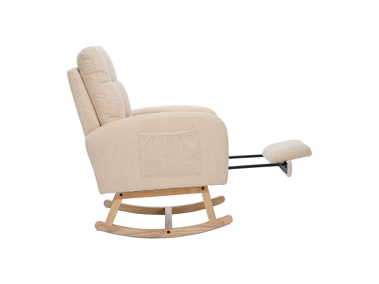 Fauteuil à bascule en velours Tissu peluche, structure en bois massif, couleur beige avec repose-pieds intégré (132x50x99cm)