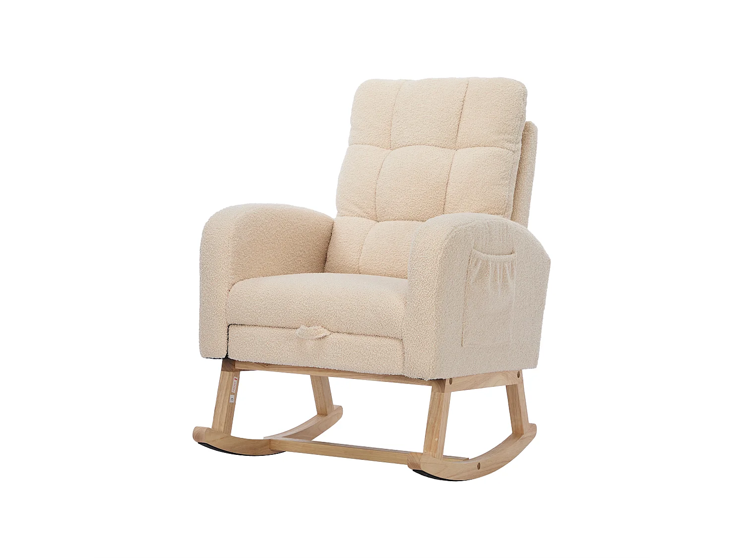 Fauteuil à bascule en velours Tissu peluche, structure en bois massif, couleur beige avec repose-pieds intégré (132x50x99cm)