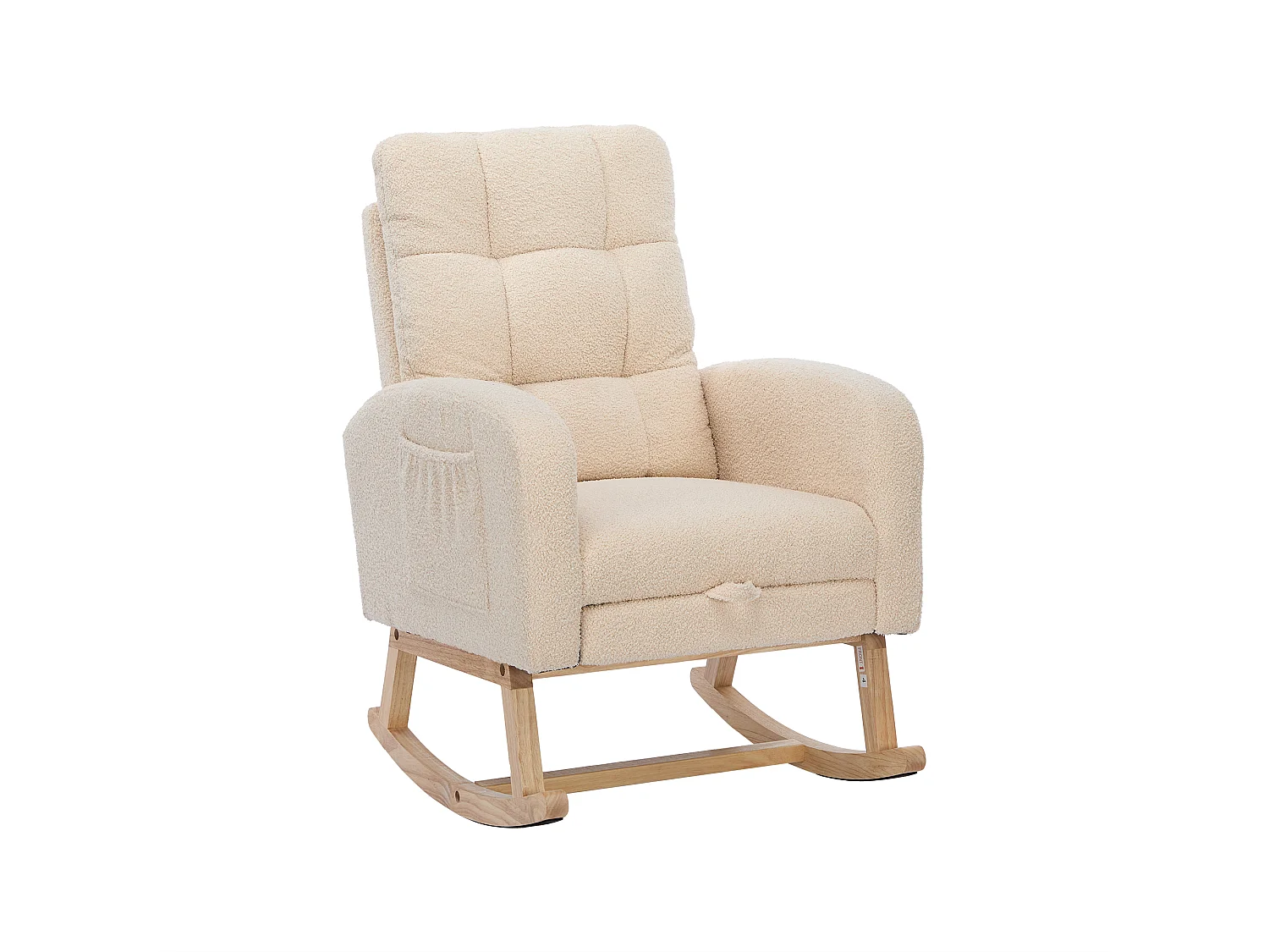 Fauteuil à bascule en velours Tissu peluche, structure en bois massif, couleur beige avec repose-pieds intégré (132x50x99cm)