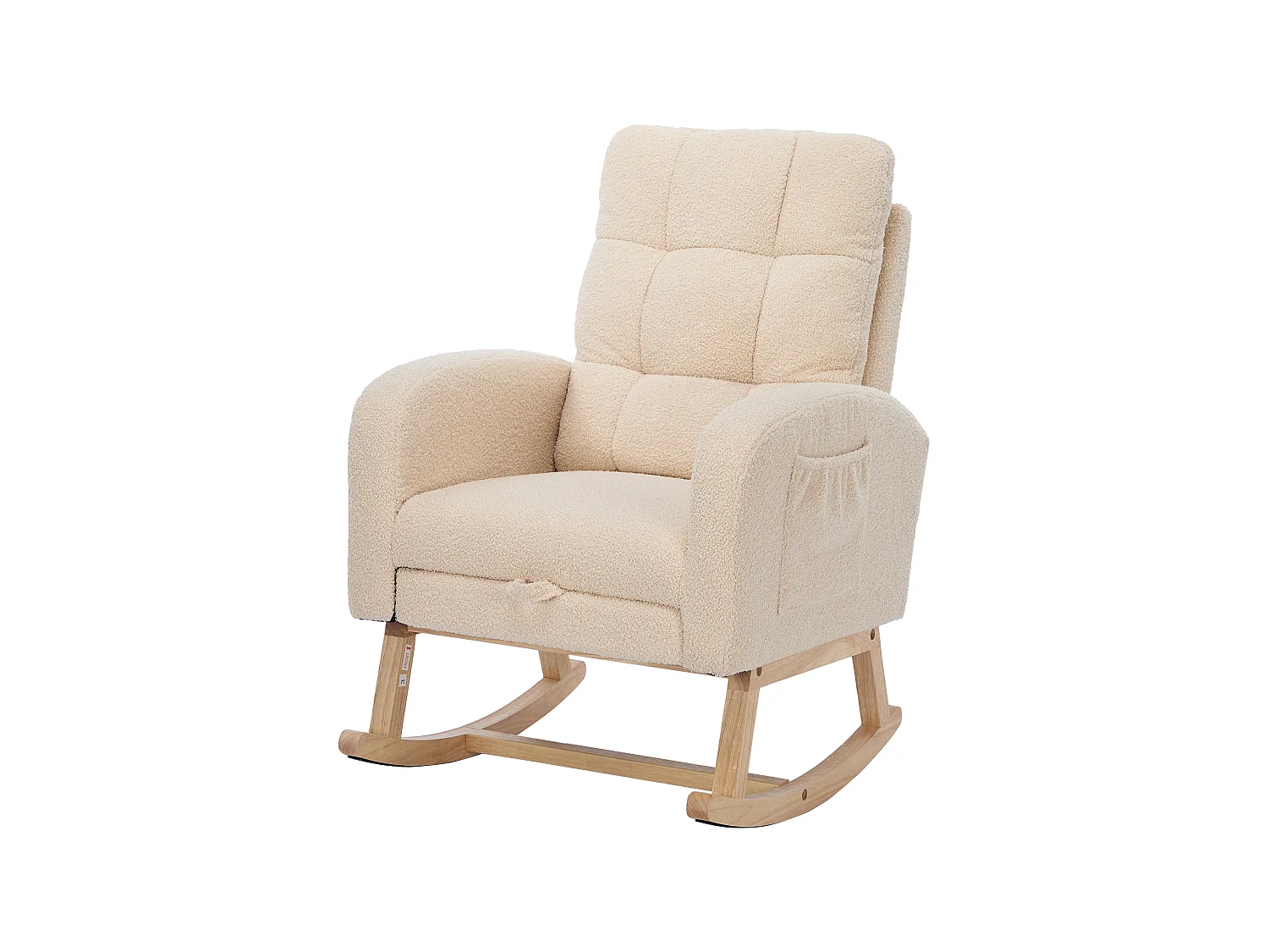Fauteuil à bascule en velours Tissu peluche, structure en bois massif, couleur beige avec repose-pieds intégré (132x50x99cm)