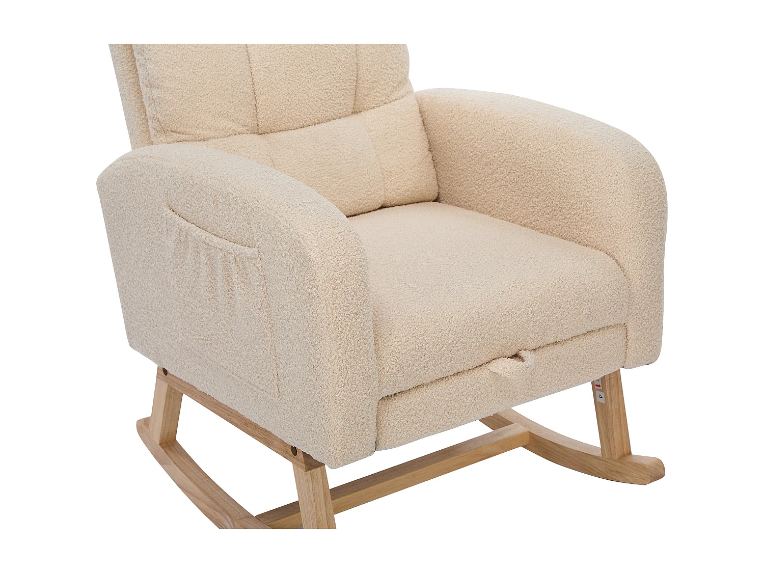 Fauteuil à bascule en velours Tissu peluche, structure en bois massif, couleur beige avec repose-pieds intégré (132x50x99cm)