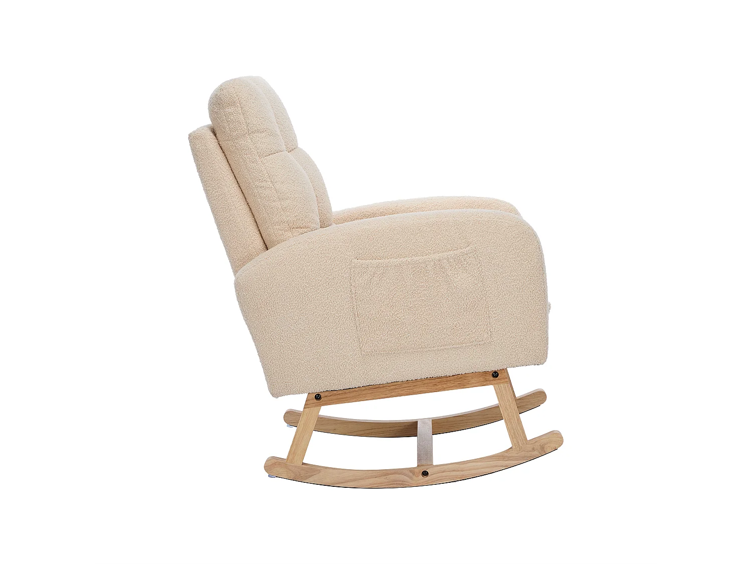 Fauteuil à bascule en velours Tissu peluche, structure en bois massif, couleur beige avec repose-pieds intégré (132x50x99cm)