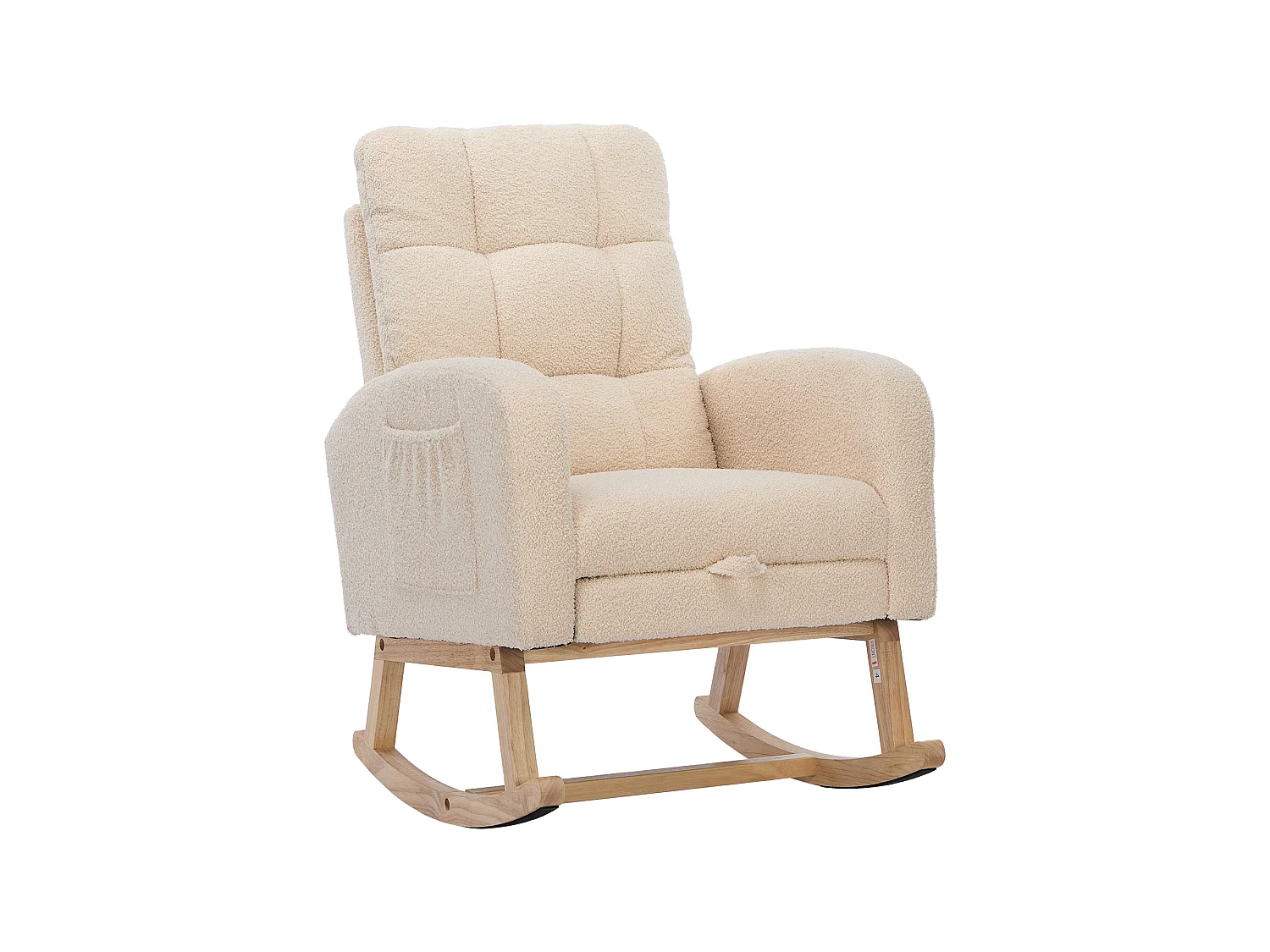 Fauteuil à bascule en velours Tissu peluche, structure en bois massif, couleur beige avec repose-pieds intégré (132x50x99cm)