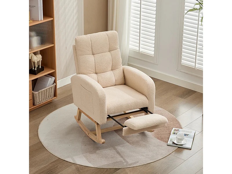 Fauteuil à bascule en velours Tissu peluche, structure en bois massif, couleur beige avec repose-pieds intégré (132x50x99cm)