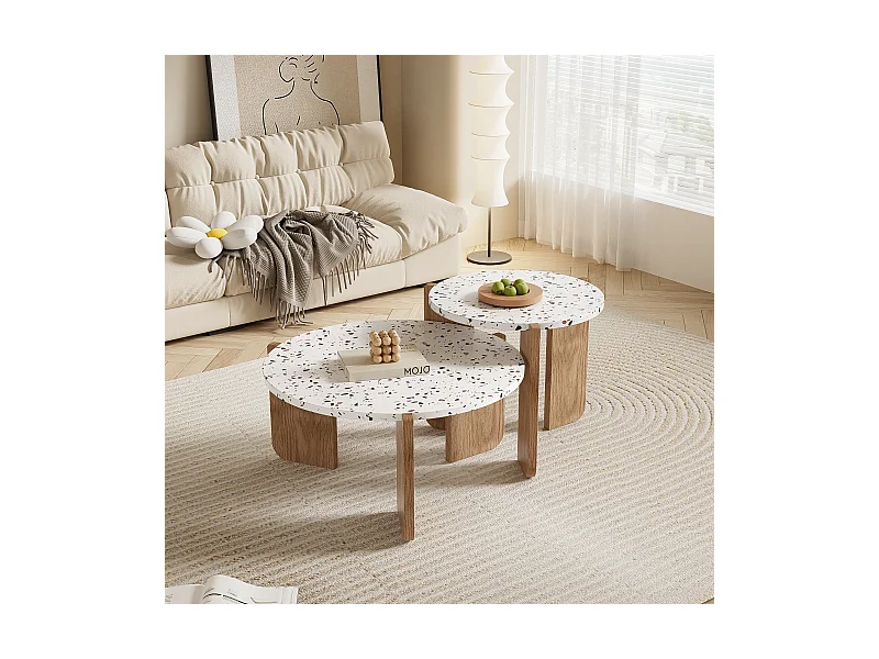 Conjunto de 2 mesas de centro modulares, diseño contemporáneo, MDF blanco y efecto madera (70x70x35 cm + 50x50x45,5 cm)