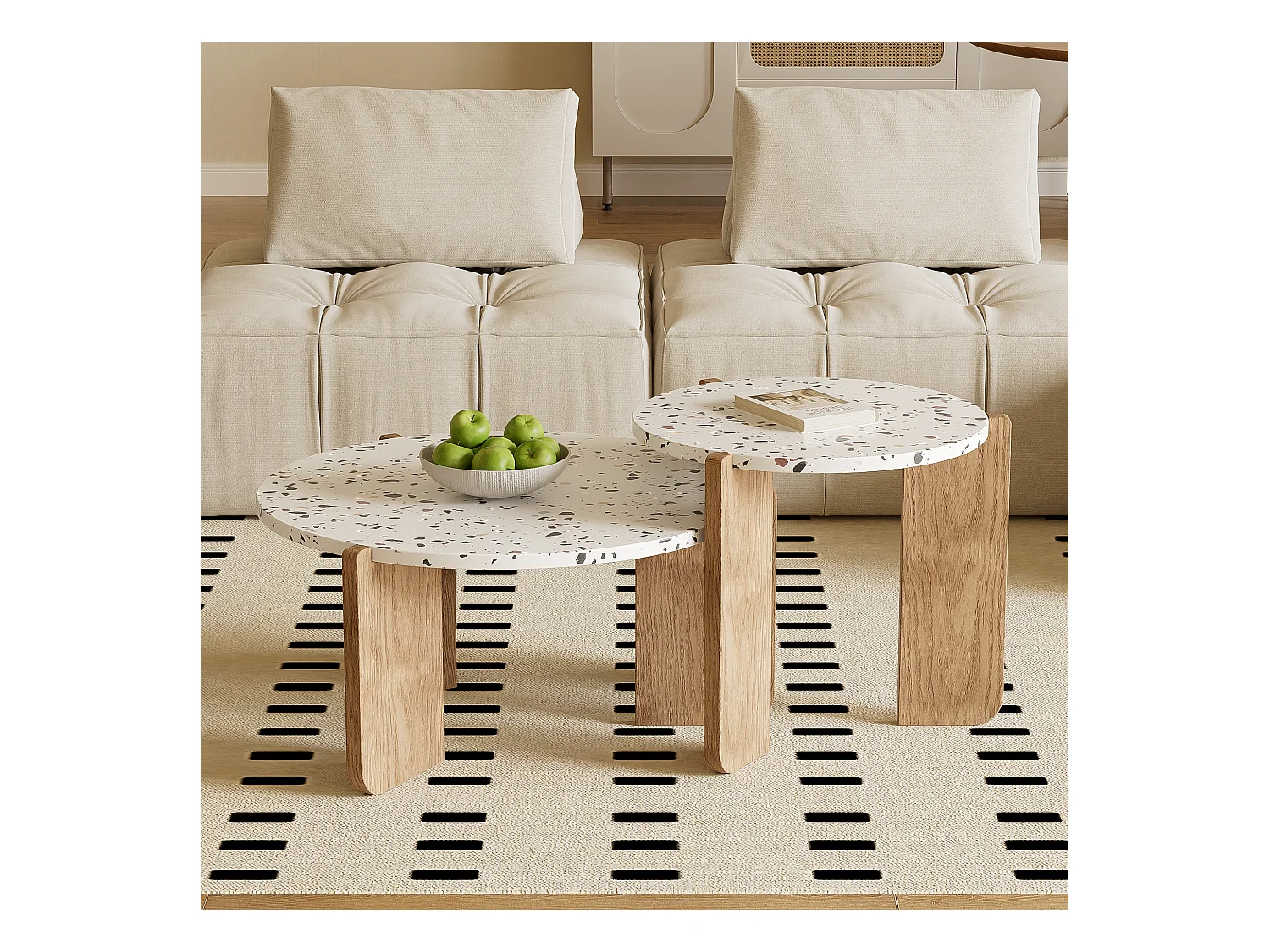 Set van 2 modulaire salontafels, modern design, wit MDF en houtlook (70x70x35 cm + 50x50x45,5 cm)