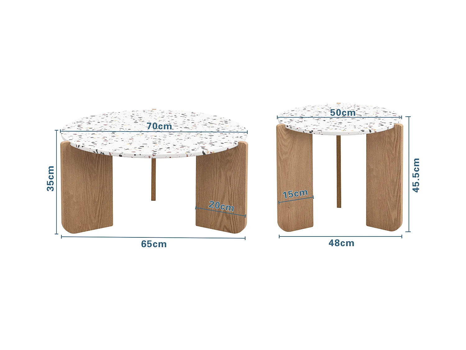 Set van 2 modulaire salontafels, modern design, wit MDF en houtlook (70x70x35 cm + 50x50x45,5 cm)