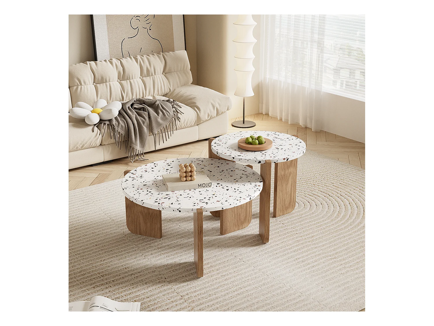 Lot de 2 tables basses modulables, design contemporain, MDF blanc et effet bois (70x70x35 cm + 50x50x45.5 cm)