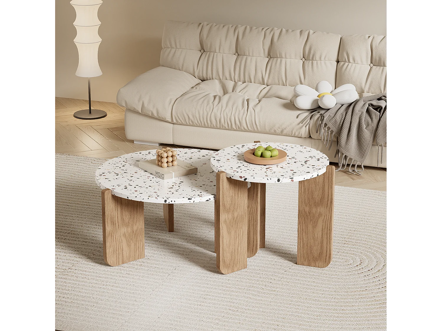 Conjunto de 2 mesas de centro modulares, diseño contemporáneo, MDF blanco y efecto madera (70x70x35 cm + 50x50x45,5 cm)