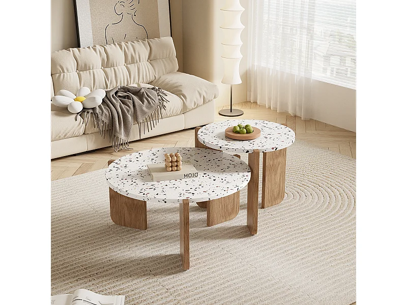 Set van 2 modulaire salontafels, modern design, wit MDF en houtlook (70x70x35 cm + 50x50x45,5 cm)