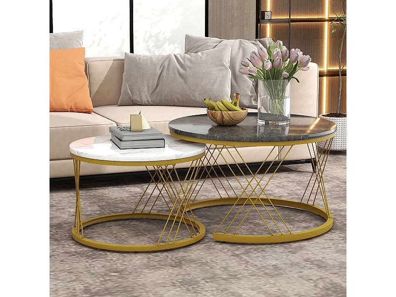 Table basse nesting moderne, plateau marbré et structure dorée, MDF, blanc et gris (70x70x45cm)
